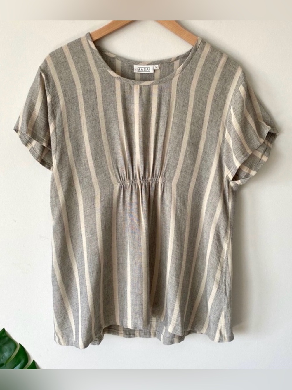 Masai Dot Top Blouse Chai Org Natural Stripe NWT Short Sleeve Large